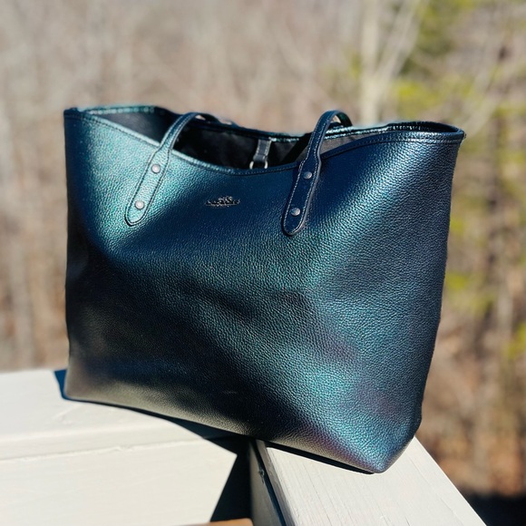RARE COACH Hologram Metallic Petrol Large City Bag Tote Purple Green Teal Blue - Picture 4 of 16